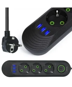 LH-F03U, Множествен контакт 2 м, 3 контакта + 3x USB, черен Engross