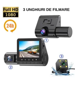 Автомобилен DVR, Full HD 1080P, 3 обектива, 170° ултрашироко зрително поле, 2.4" HD LCD дисплей, 5 MP камера, нощно виждане, троен запис, цикличен запис, G-сензор, детектор на движение, черен, EN GROSS