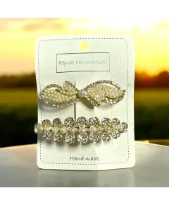 Set 2 Clame de Păr Elegante cu Perle și Strasuri – Model Fundiță & Flori – 12 Cartonașe / Set Engros