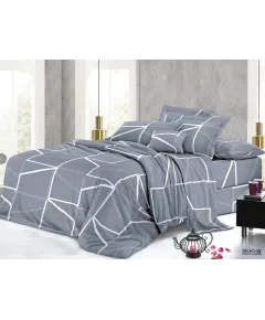 Lenjerie de pat 4 piese din poliester – design minimalist cu linii albe pe fundal gri – H787 Engros