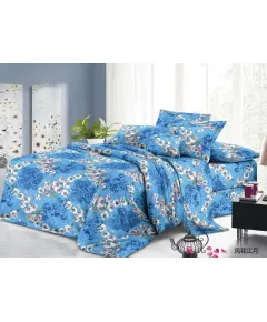 Lenjerie de pat 4 piese din poliester – imprimeu floral pe fundal albastru – H785 Engros