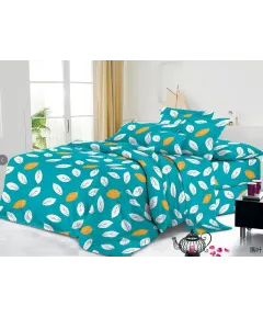 Lenjerie de pat 4 piese din poliester – imprimeu frunze albe și galbene pe fundal turcoaz – H784 Engros