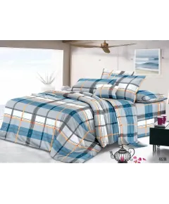 Lenjerie de pat 4 piese din poliester – model carouri albastre și portocalii – H780 Engros