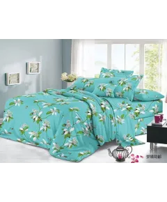 Lenjerie de pat 4 piese din poliester – model floral turcoaz cu flori albe – H791 Engros